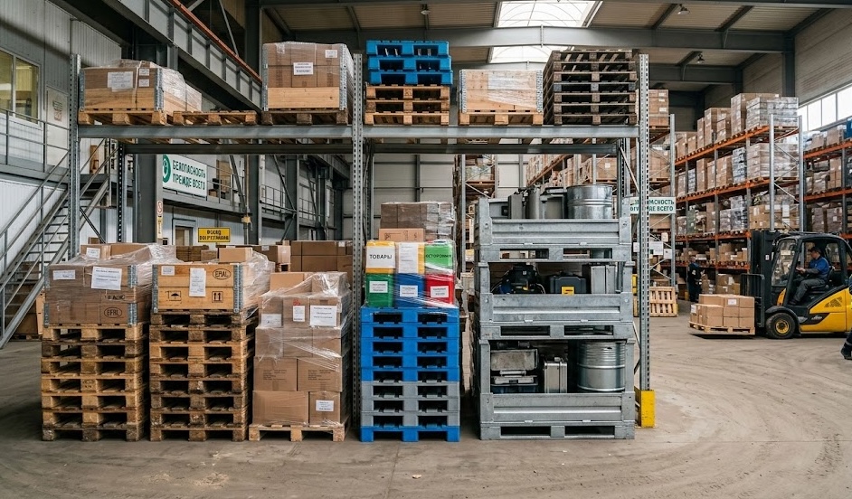 Warehouse with mixed pallet types and racking systems